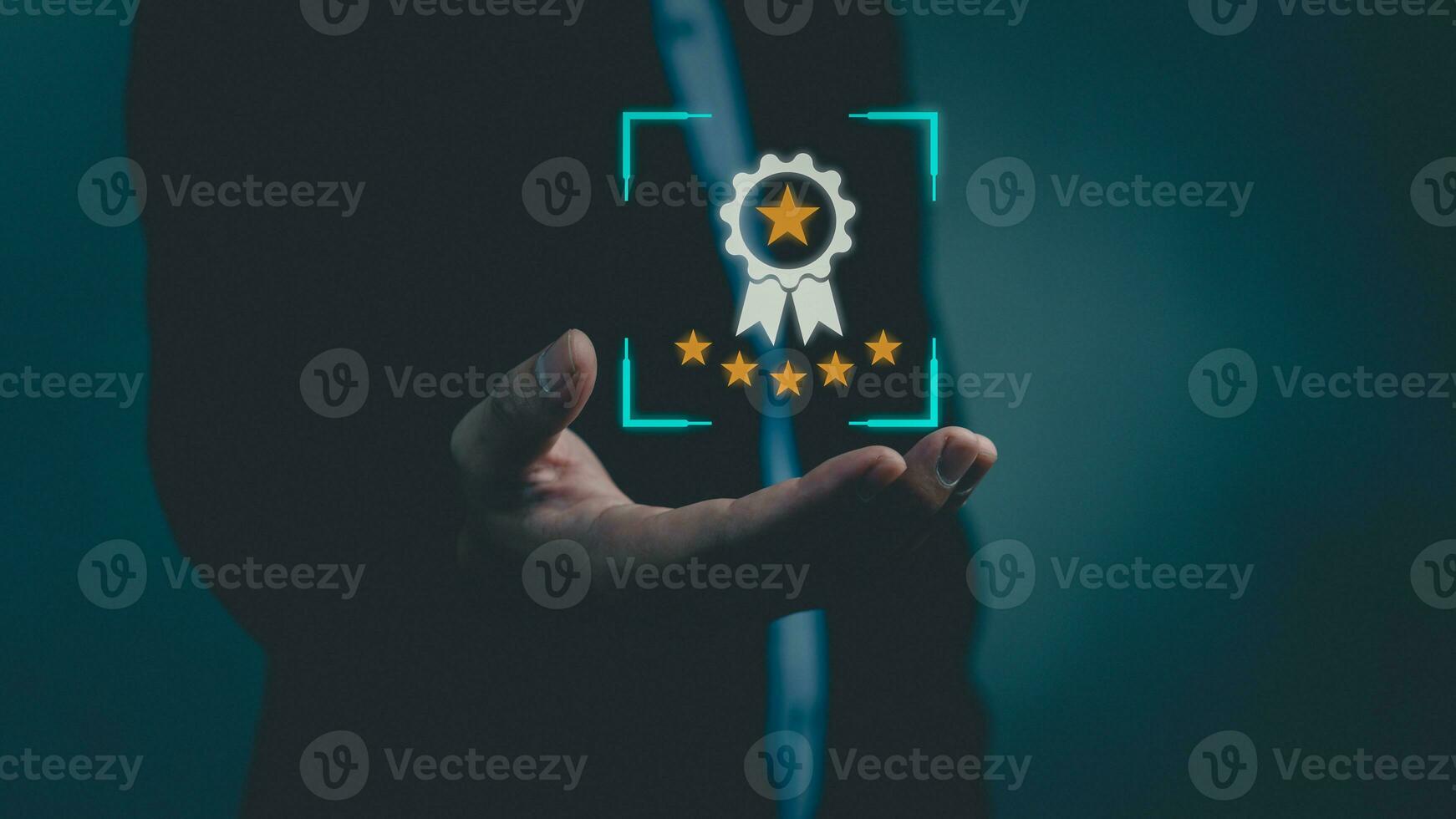 Five Star Customer Service Concept for Satisfaction.Businessman holding mobile smartphone for quality feedback related projects, marketing materials, and branding photo