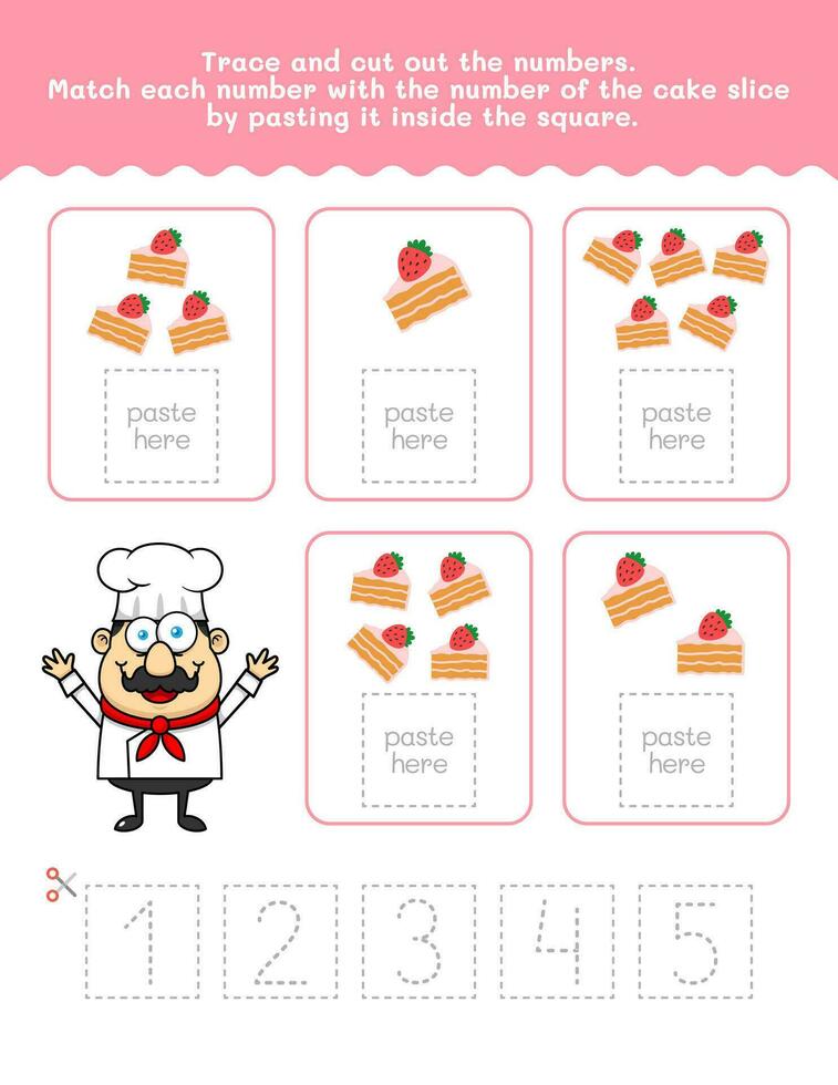 One to Five Number And Word Tracing Worksheet. Cut And Paste Worksheet With Cake Pictures. Premium Vector Element.