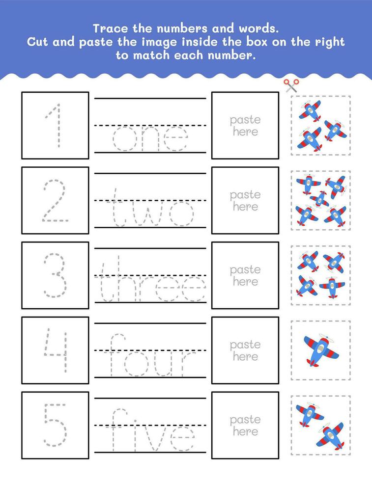 One to Five Number And Word Tracing Worksheet. Children Writing Practice Worksheet With Pictures. Premium Vector Element.