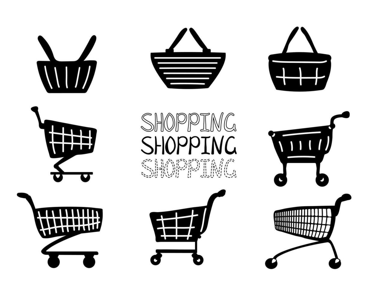 Set of hand drawn black silhouette icons of shopping baskets and shopping cart. Isolated on white background. vector