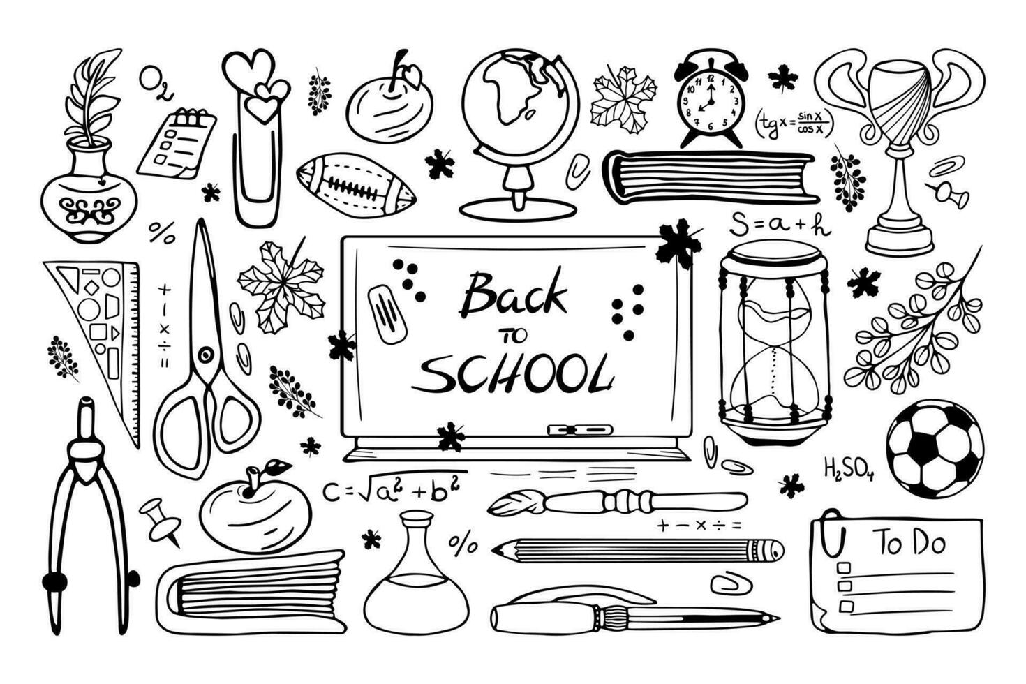 Set of hand drawn doodle Back To School clipart. Hand drawn cute writing, drawing, planning stationery, office supplies, symbols of knowledge and learning for design. Isolated on white background. vector