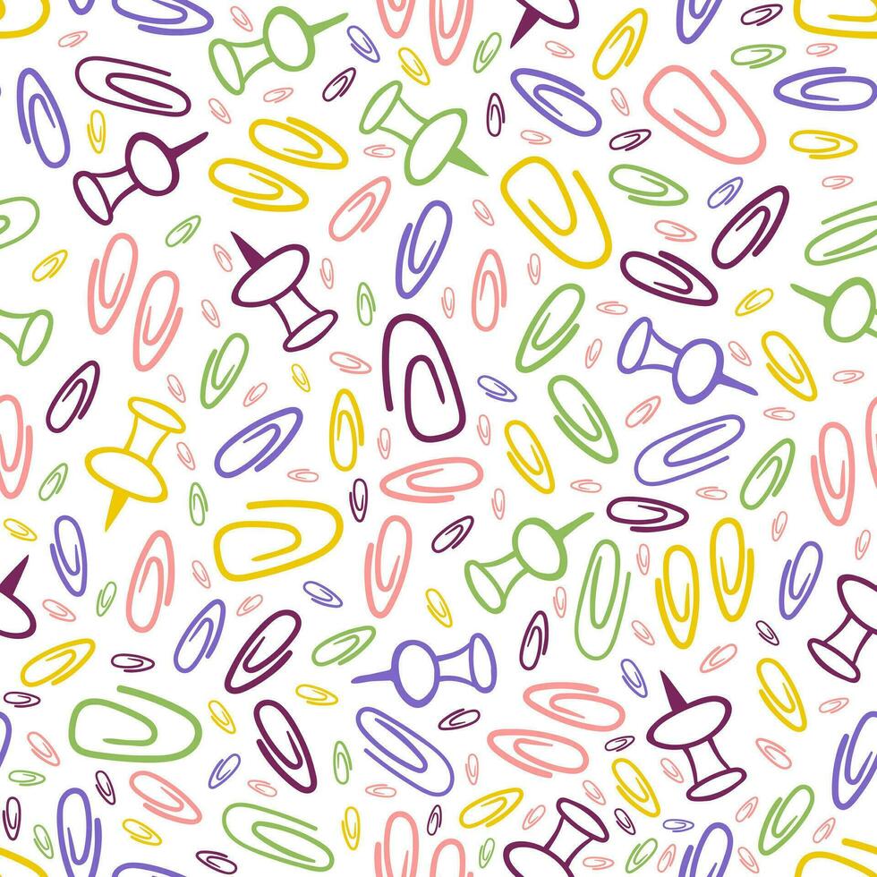 Colorful seamless pattern with hand drawn doodle paper clips and pins. Seamless pattern with office supplies on a white background vector