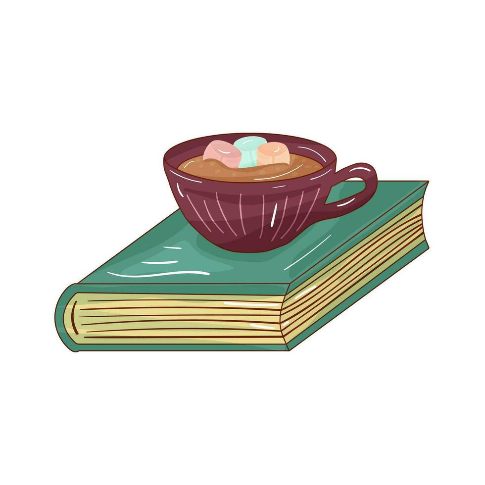 Hand drawn colorful cartoon illustration of a cup of coffee with marshmallows standing on top of a book. Isolated on white background. vector