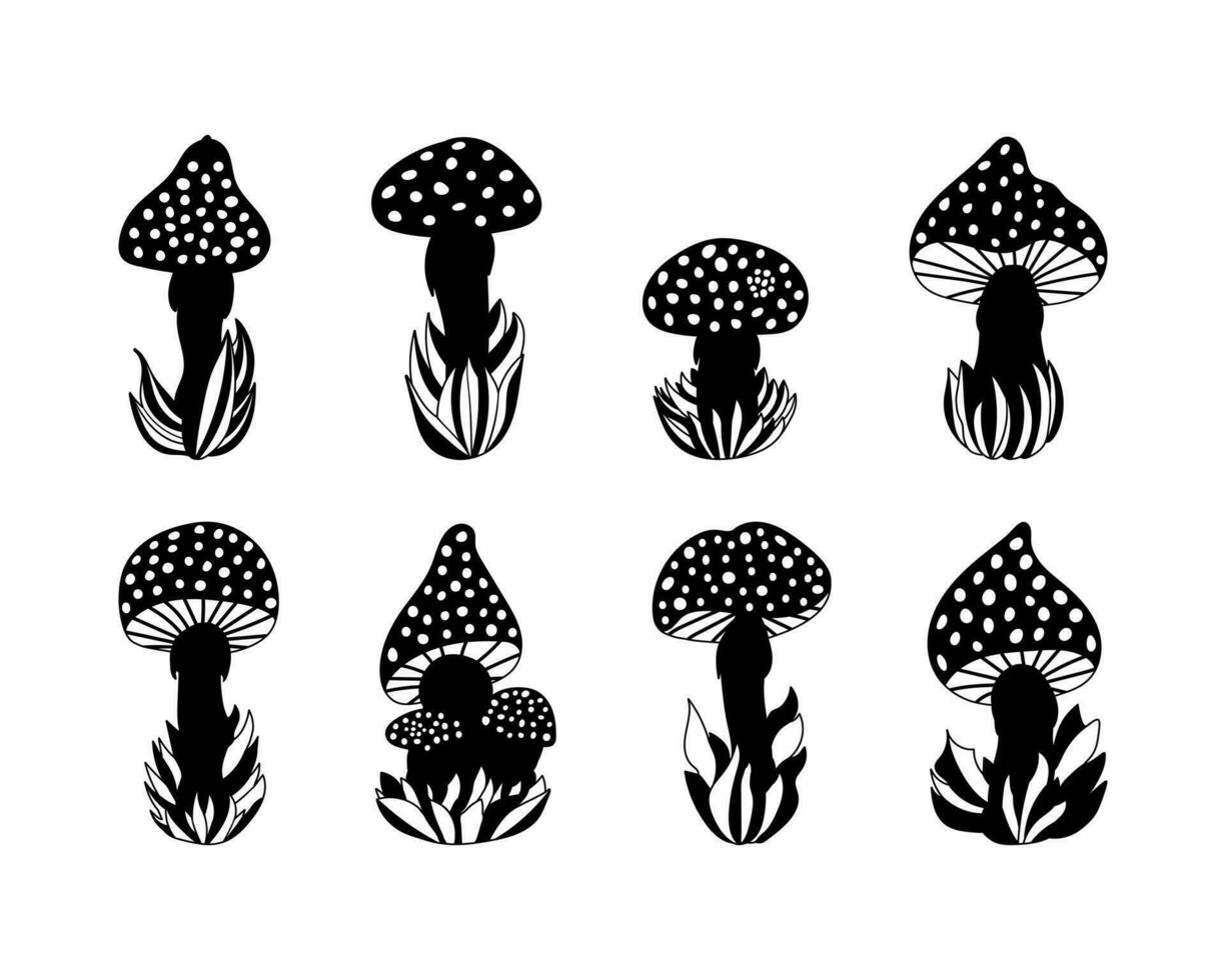 Set of various hand drawn silhouettes of mushroom in grass, doodle cute fly agaric in cartoon style, icons in solid style. Isolated on white background. vector