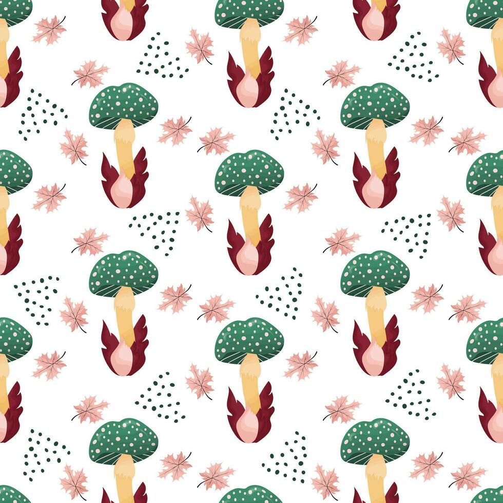 Colorful seamless pattern with hand drawn mushrooms in grass, cute Fly Agaric and dots and maple leaves in cartoon style on white background. vector
