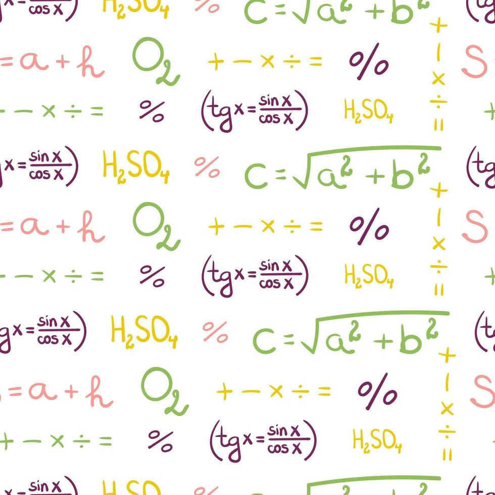 Colorful seamless pattern with hand drawn doodle chemical, mathematical, geometric formulas and symbols on a white background vector