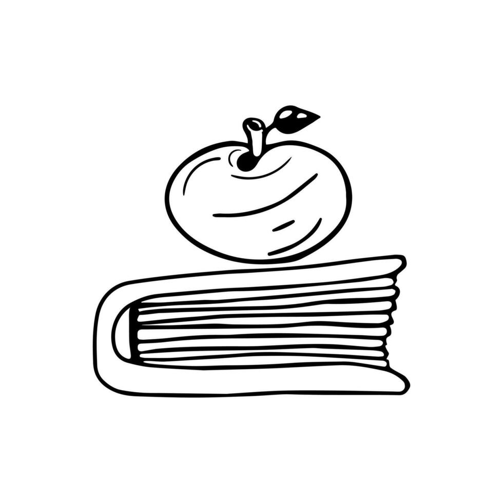 Hand drawn doodle apple with a leaf lying on top of a book. Symbol of knowledge and learning. Isolated on white background. vector