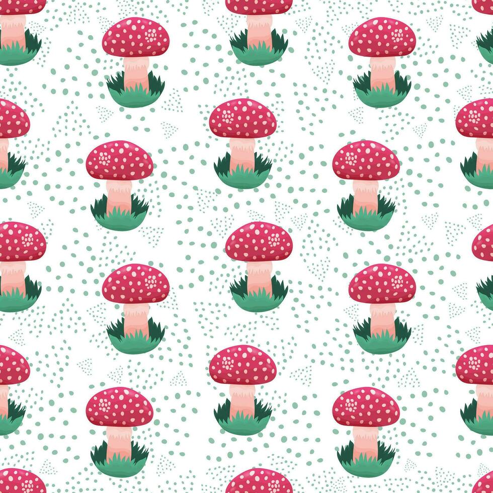 Colorful seamless pattern with hand drawn mushrooms in grass, cute Fly Agaric and dots in cartoon style on white background. vector
