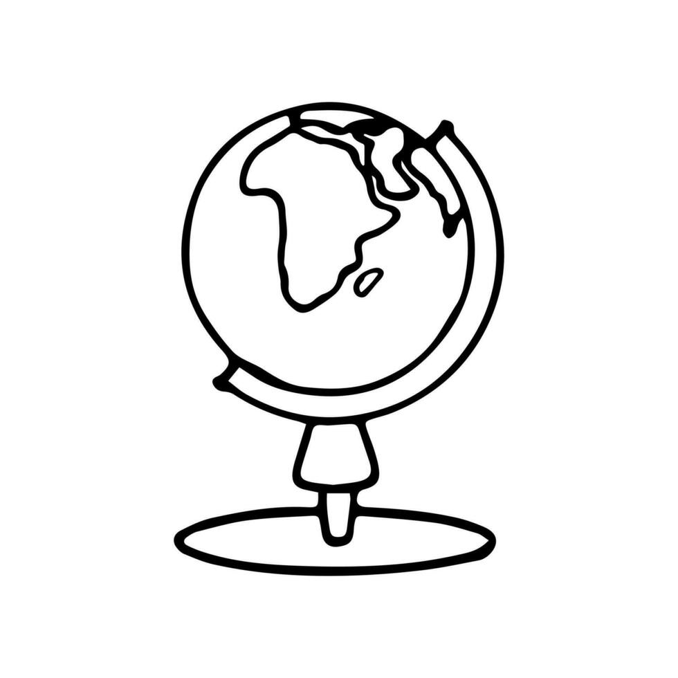Hand drawn doodle school globe on a stand. Element for the education and study of geography. Isolated on white background. vector