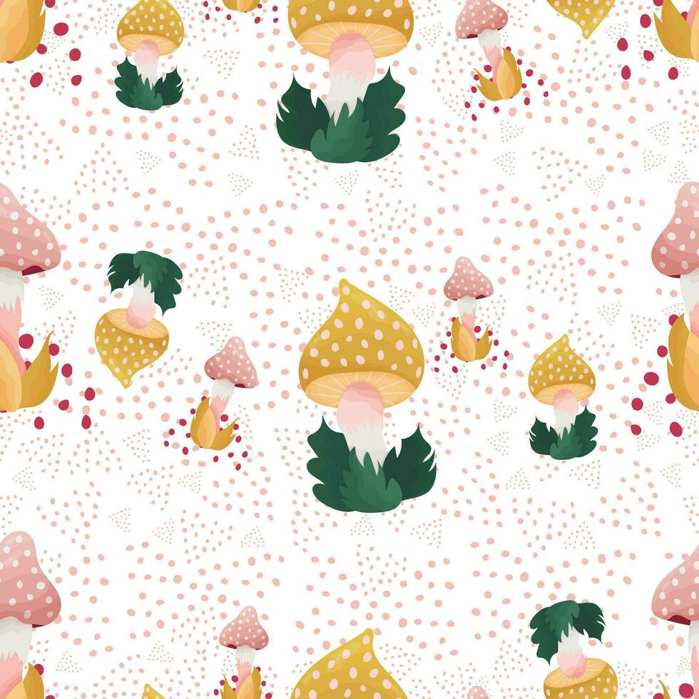 Colorful seamless pattern with hand drawn mushrooms in grass, cute Fly Agaric and dots in cartoon style on white background. vector