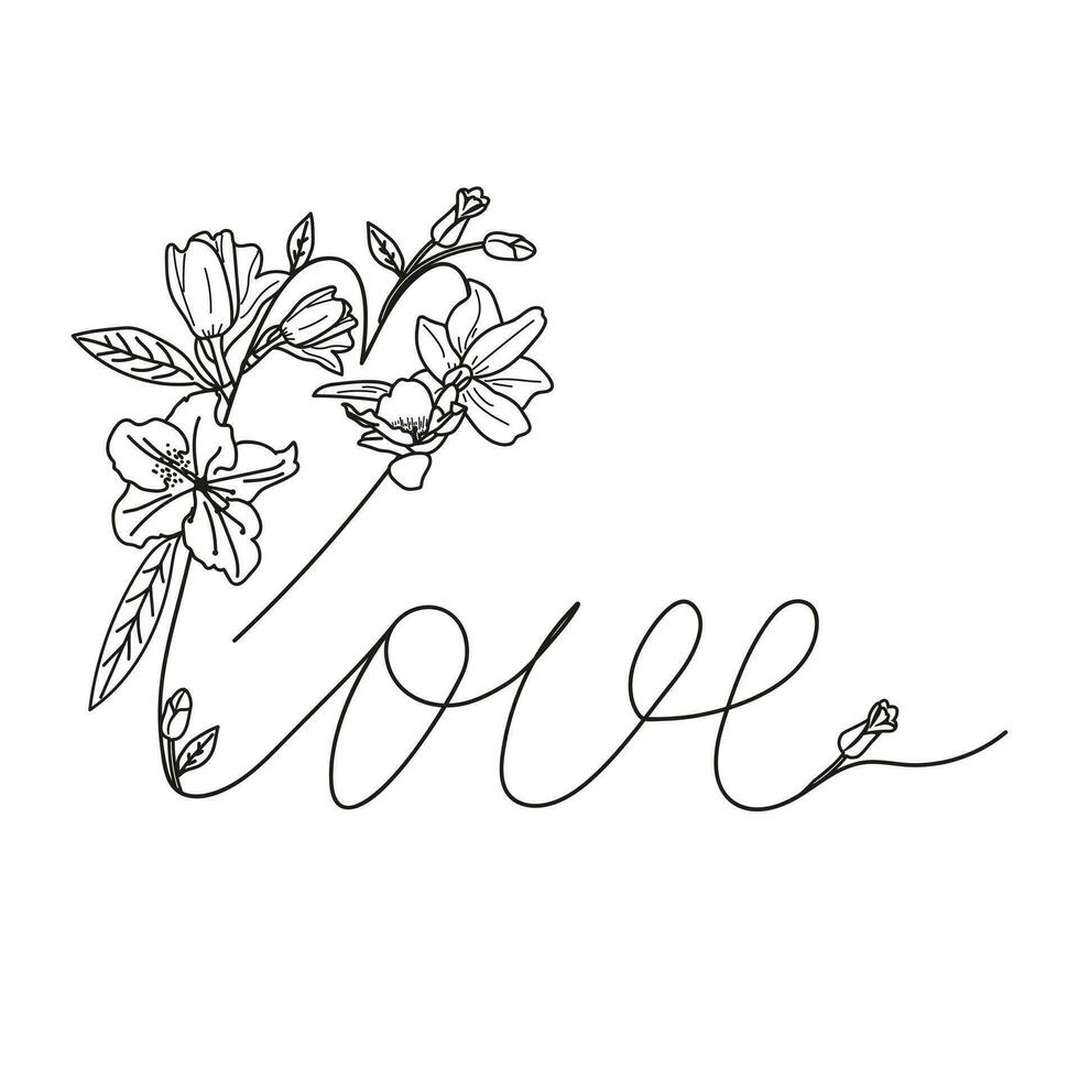 Vector Lettering on the theme of love with flowers in the Doodle style. Image of a word with blooming buds on a white background.