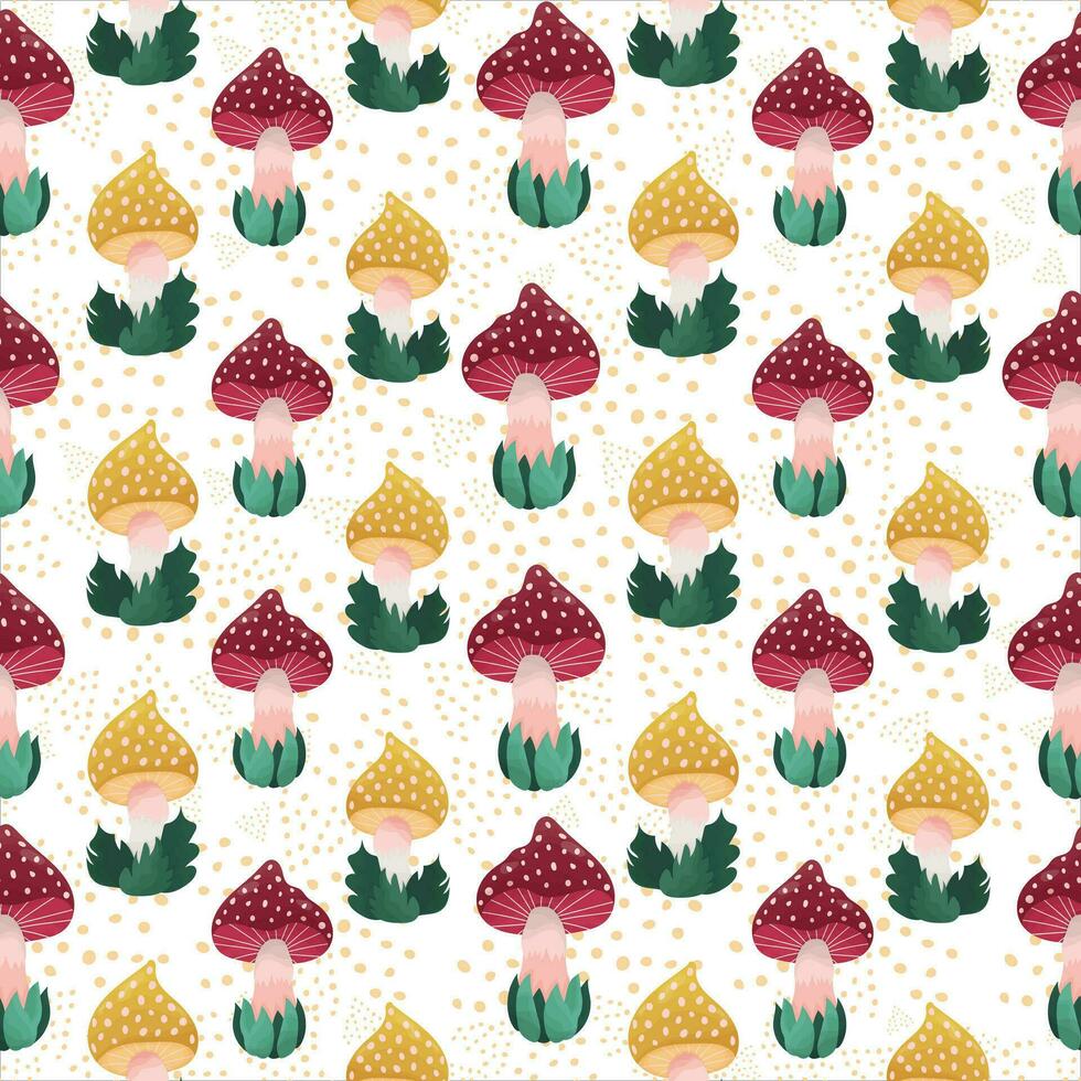 Colorful seamless pattern with hand drawn mushrooms in grass, cute Fly Agaric and dots in cartoon style on white background. vector