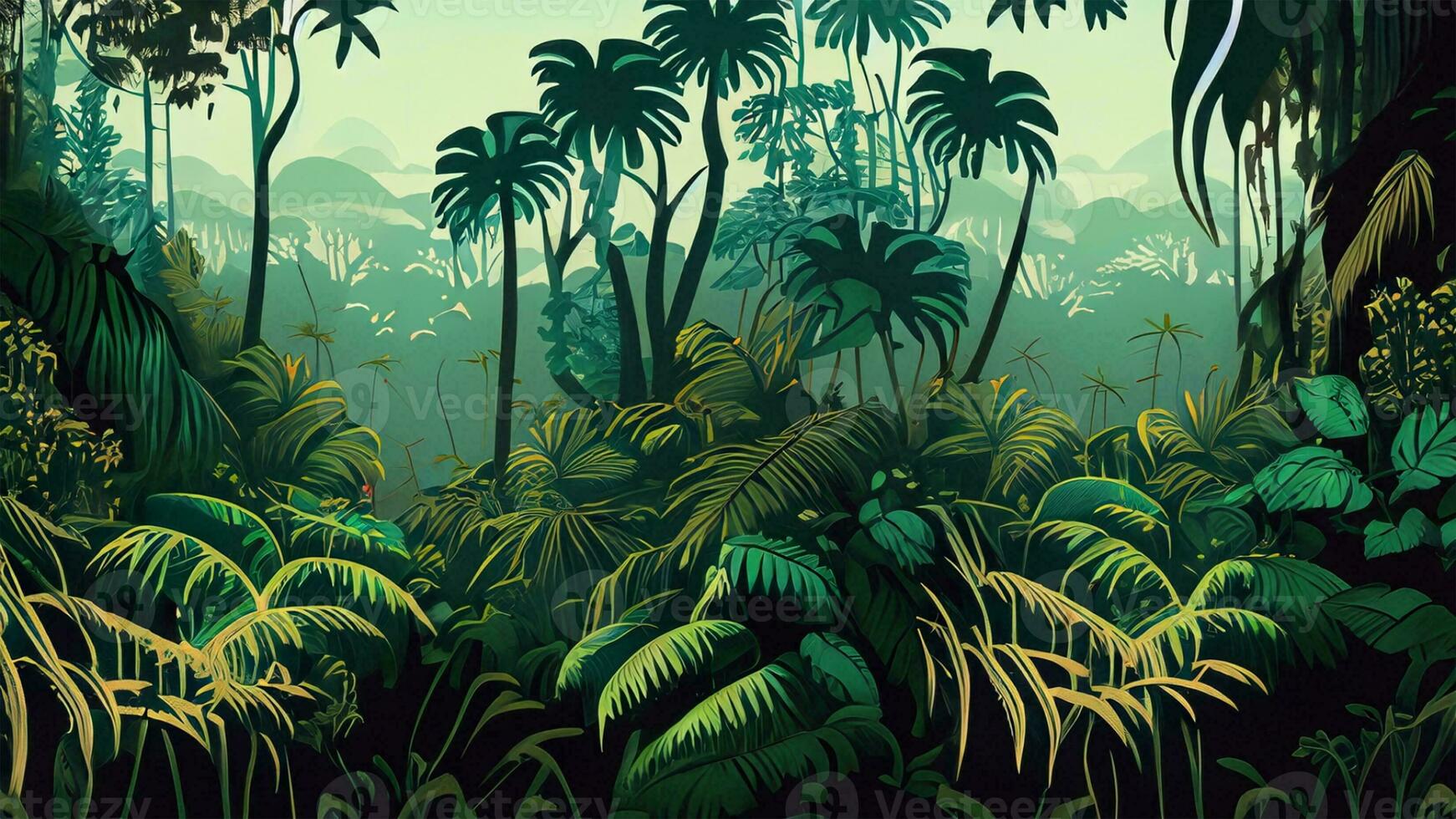 Botanical Jungle Digital Print Wallpaper features a perfect tropical forest scenery photo