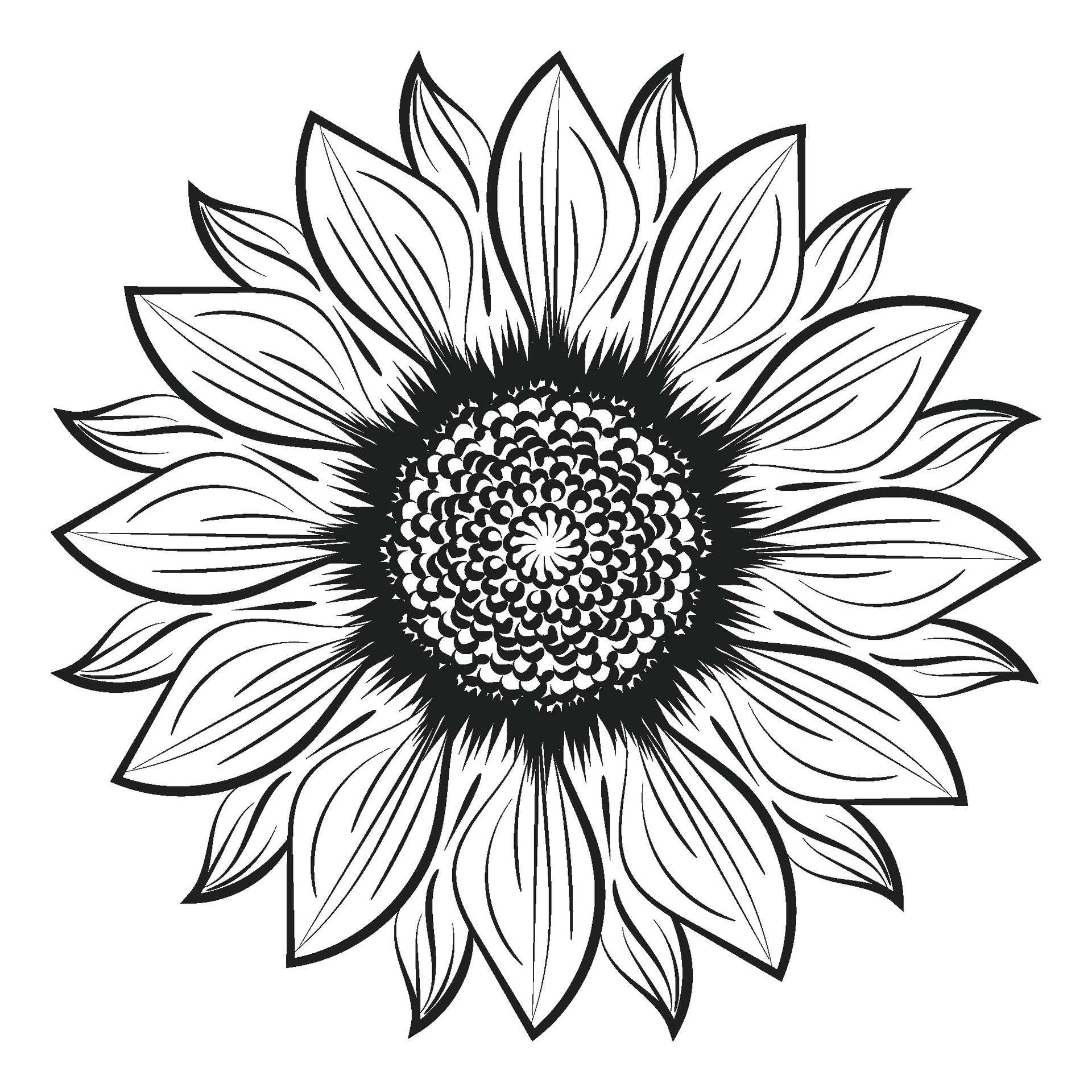 Sunflower Outline, Sunflower Line Art, Floral Line Drawing, black and