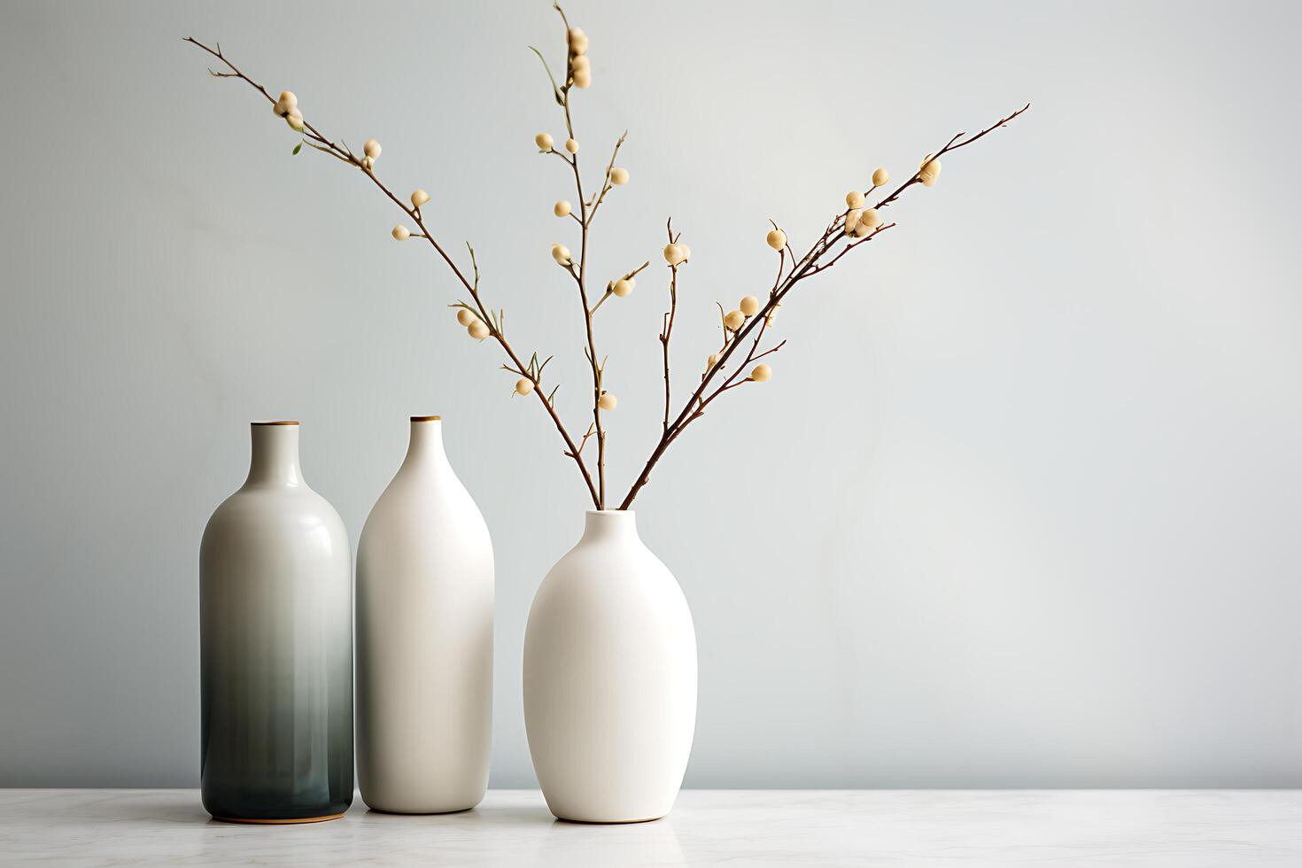 a simple house a wooden shelf with a vase of blossoming branches against a white background photo