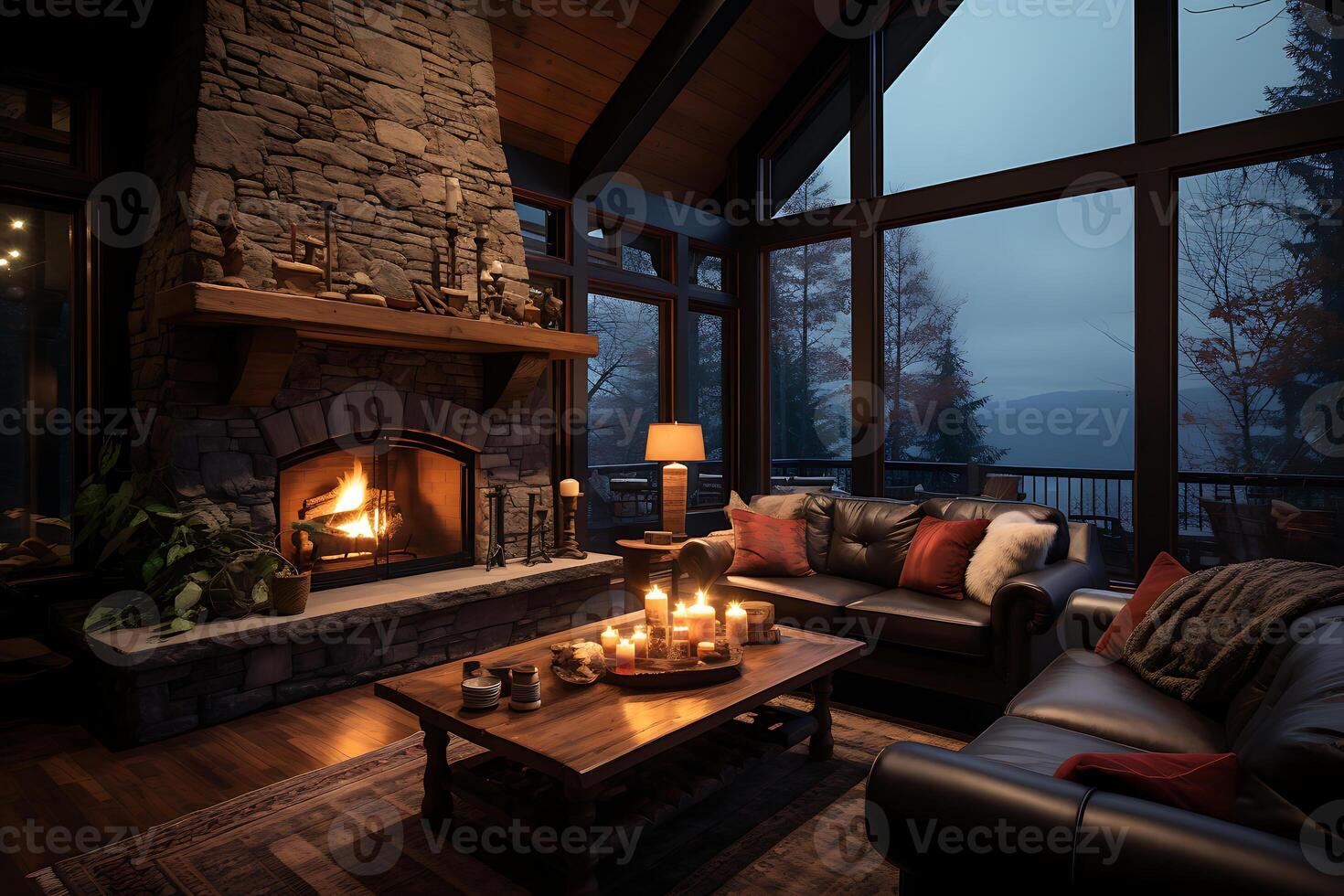 A cozy living room with fireplace on the background of a mountain landscape AI Generative photo