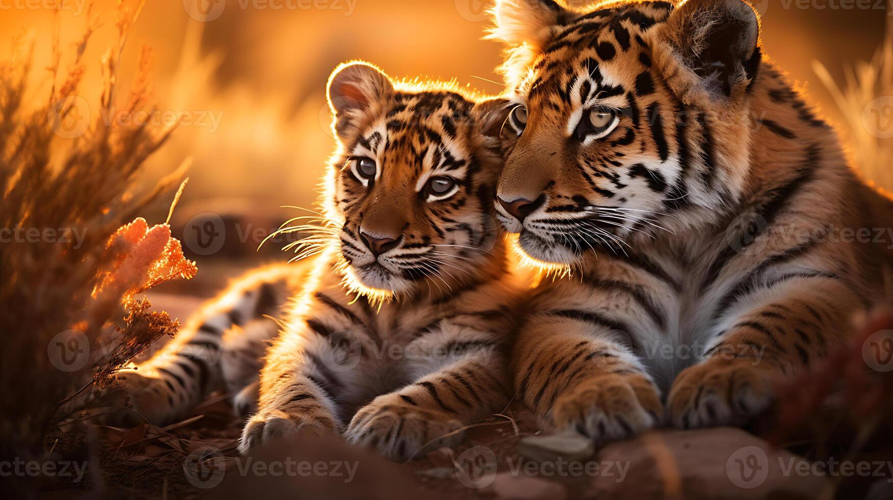 Two young tiger cubs, Panthera tigris altaica, in the wild at sunset photo