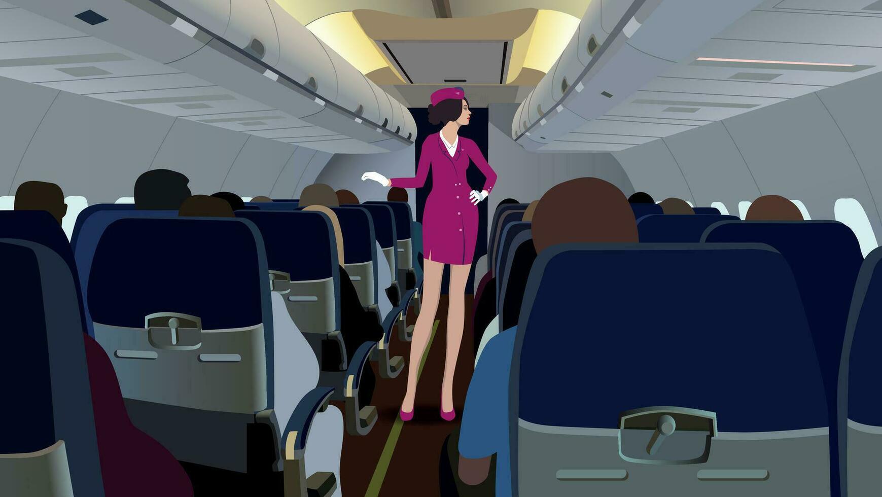 The stewardess on board the aircraft serves passengers. Vector. vector