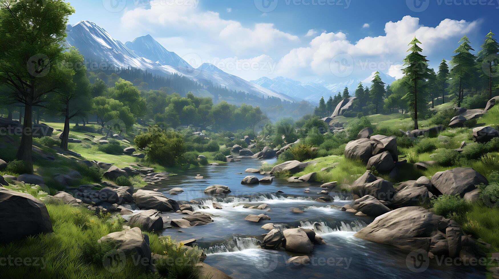 montaña río en el bosque. naturaleza paisaje antecedentes ai generativo foto