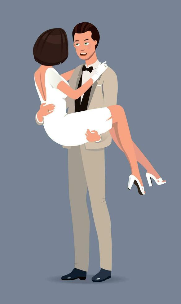 Wedding, happy newlyweds hugging. Vector. vector