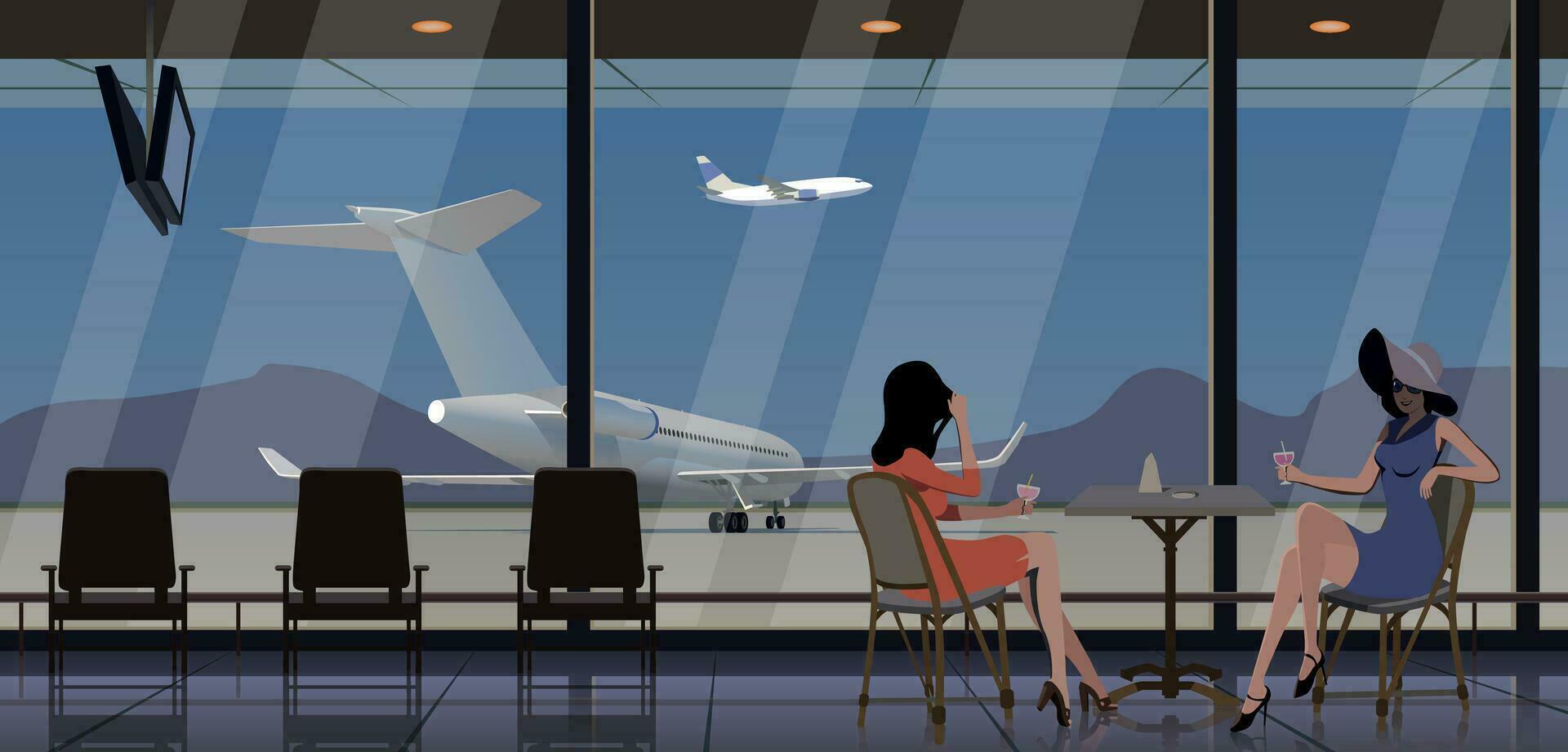 Girls at a table at the airport in front of a large window. Vector. vector