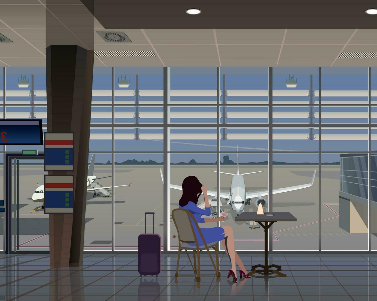 un niña en un aeropuerto café mira a el aviones mediante el ventana. vector. vector