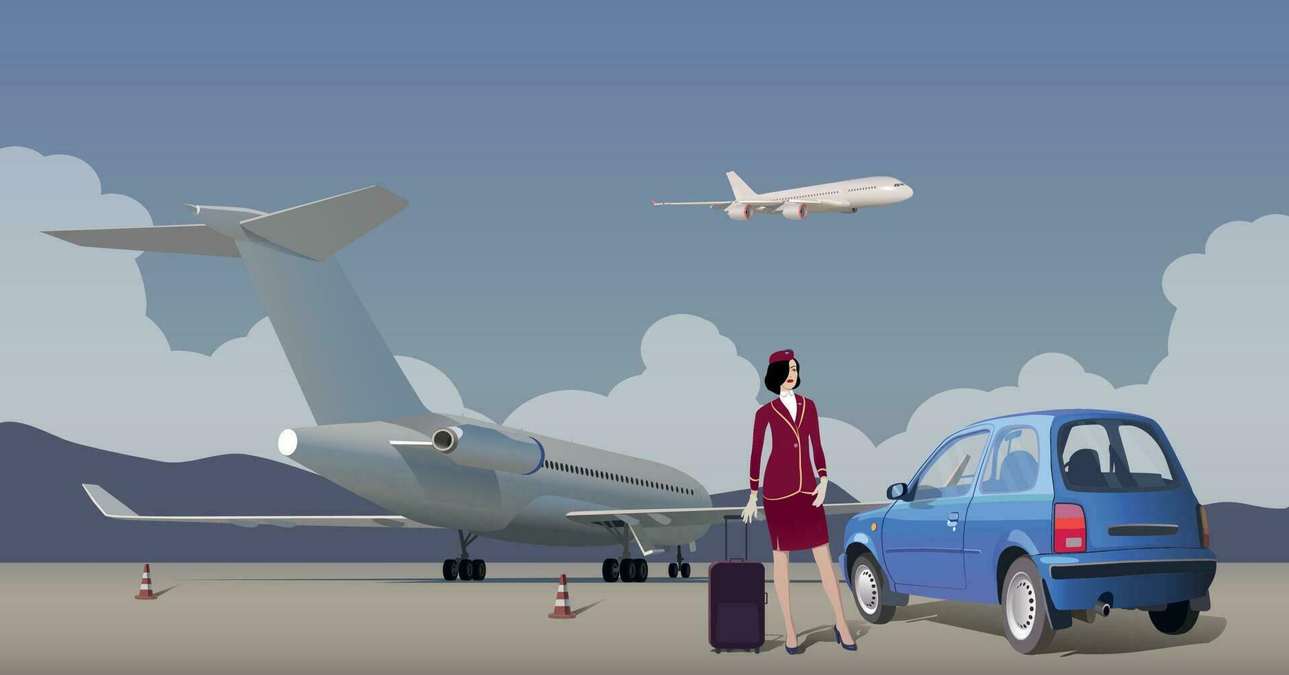 Stewardess near the car on the background of the plane. Vector. vector