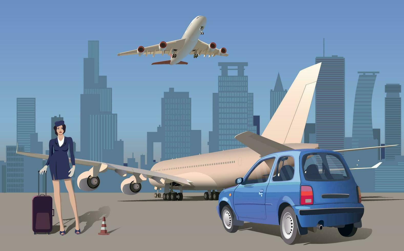 Stewardess on the background of the plane and the metropolis. Vector. vector