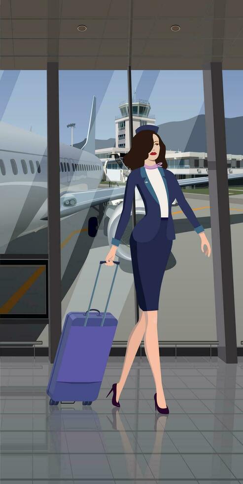 Stewardess in the airport terminal against the background of the airfield and the plane. Vector. vector