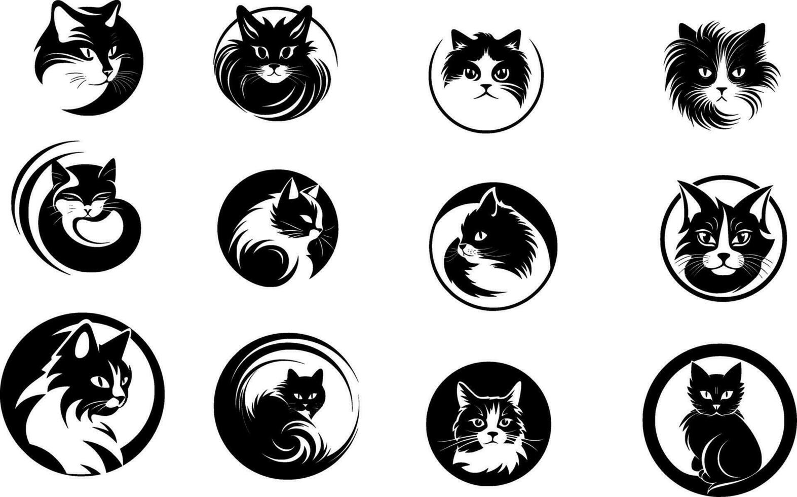 cat icons set, black and white design elements. vector illustration.