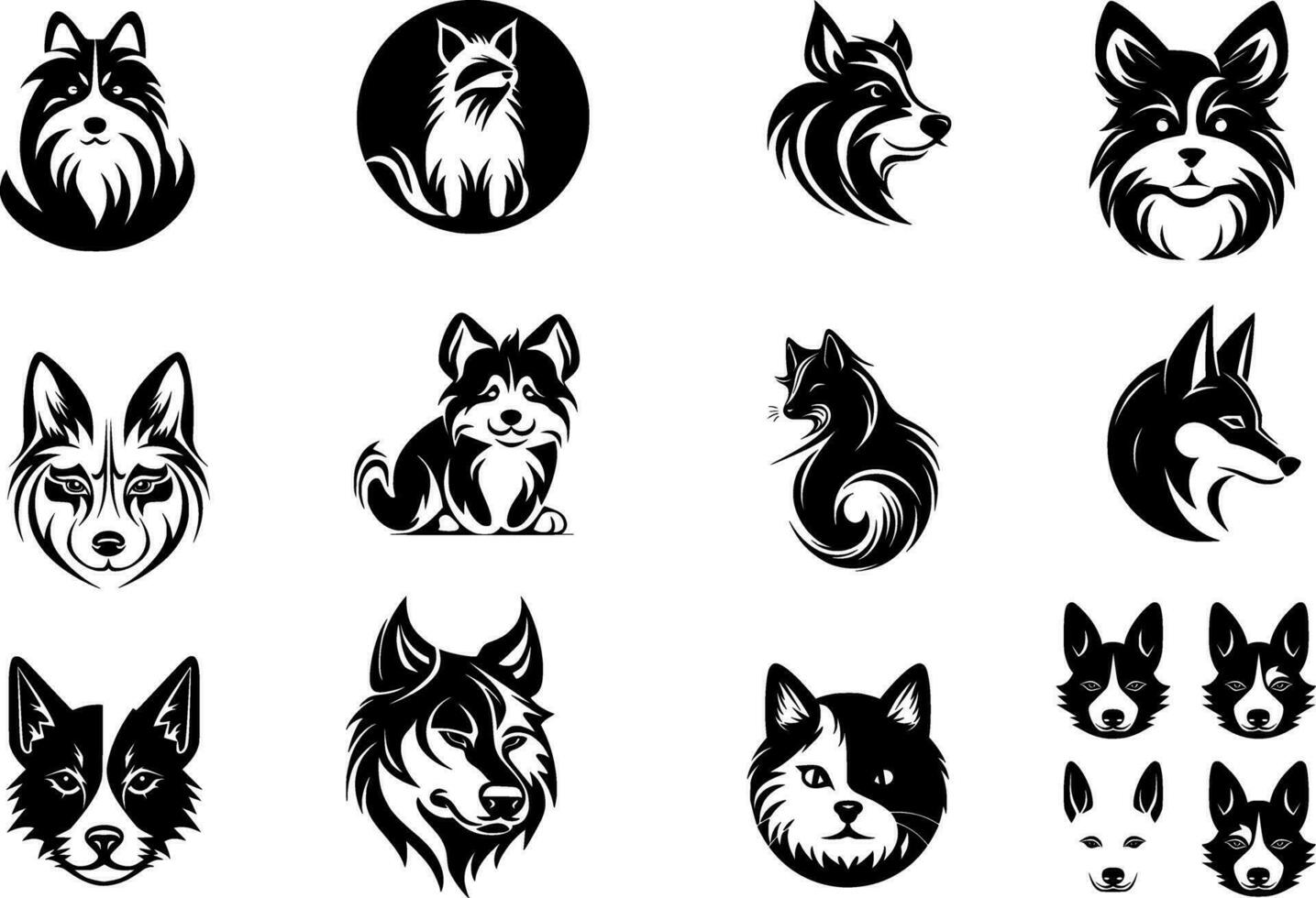 set of dogs heads in black on a white background, vector illustration