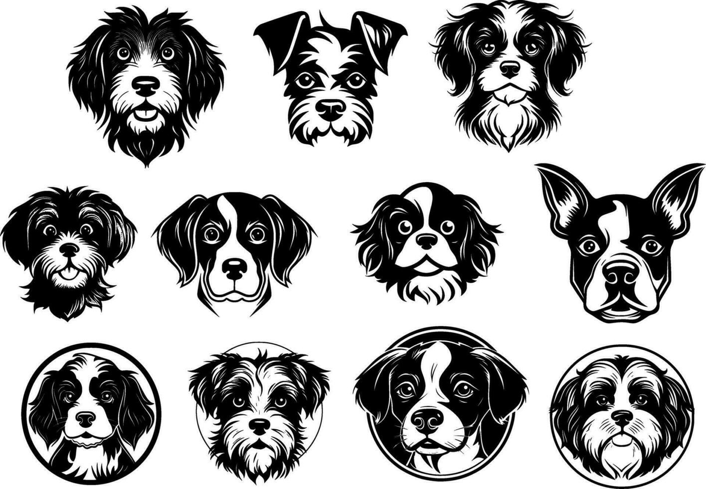 set of dogs heads in black on a white background, vector illustration