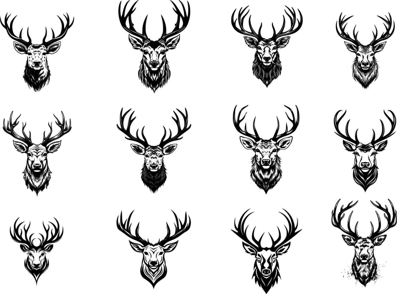 Deer head set. Black and white vector illustration for tattoo.