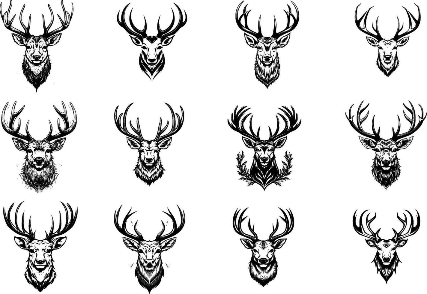 Deer head set. Black and white vector illustration for tattoo.