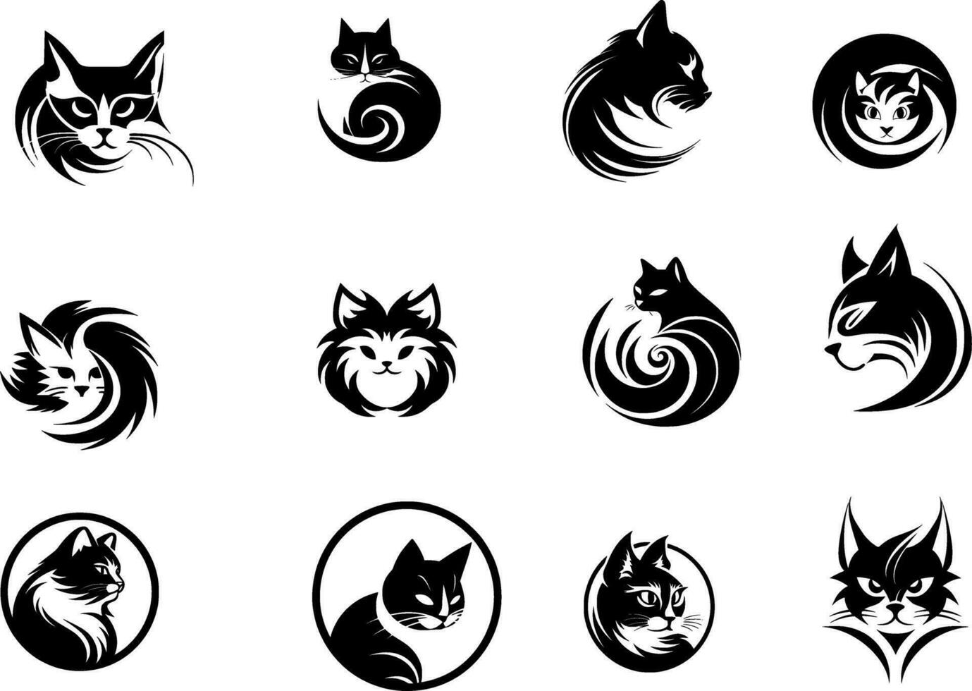 cat icons set, black and white design elements. vector illustration.