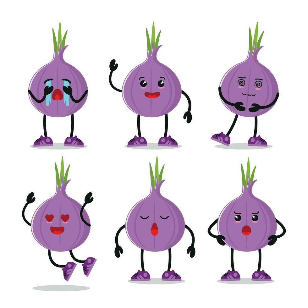 Cute red onion character different pose activity expression vector illustration set