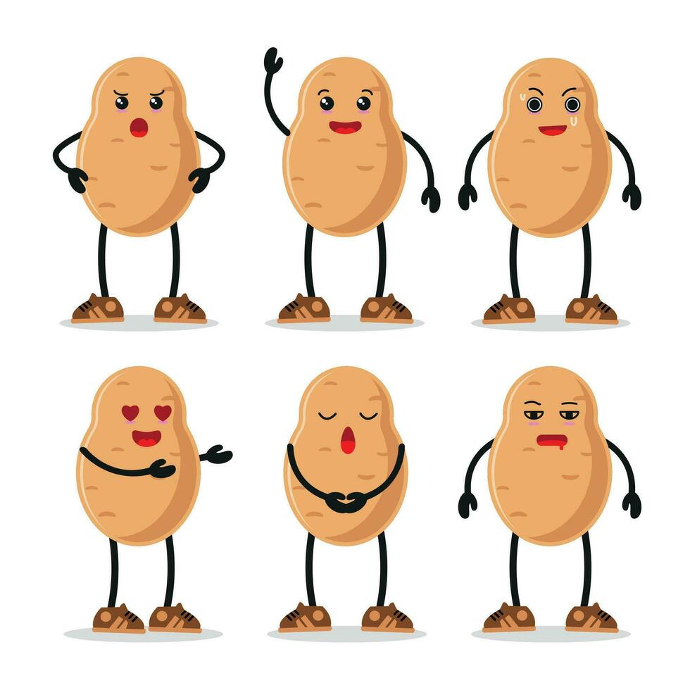 Cute happy potato character different pose activity. funny vegetable different face expression vector illustration set.