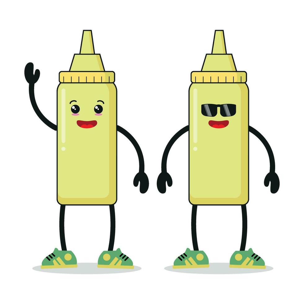 Cute mustard mayonnaise bottle standing together. Friend forever vector illustration different pose expression.