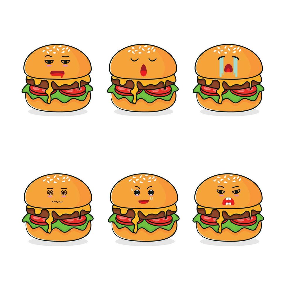 Cute happy melting cheese hamburger character different pose activity expression vector illustration set