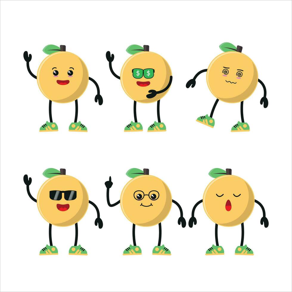 Cute happy orange character different pose activity. Fruit different face expression vector illustration set.