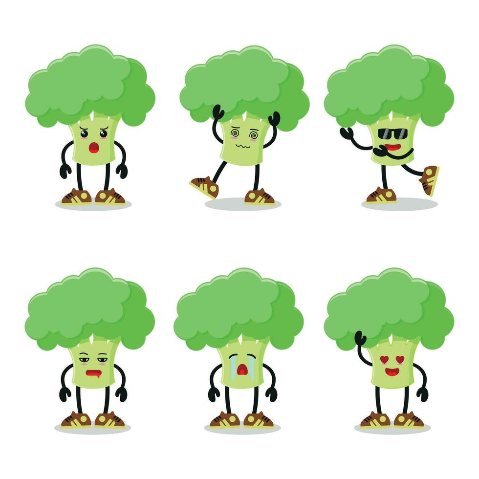 Cute happy broccoli character different pose activity. Vegetable different face expression vector illustration set.