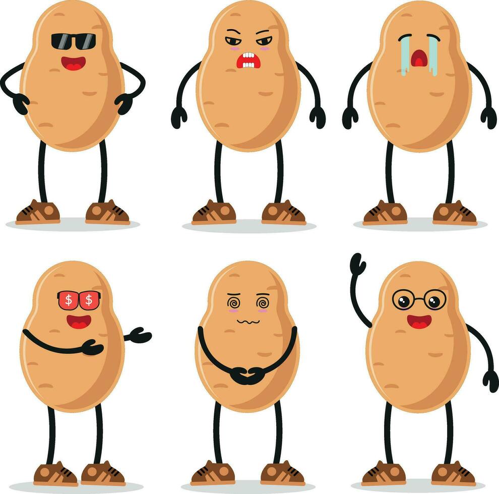 Cute potato character different pose activity. vegetable different face expression vector illustration set.