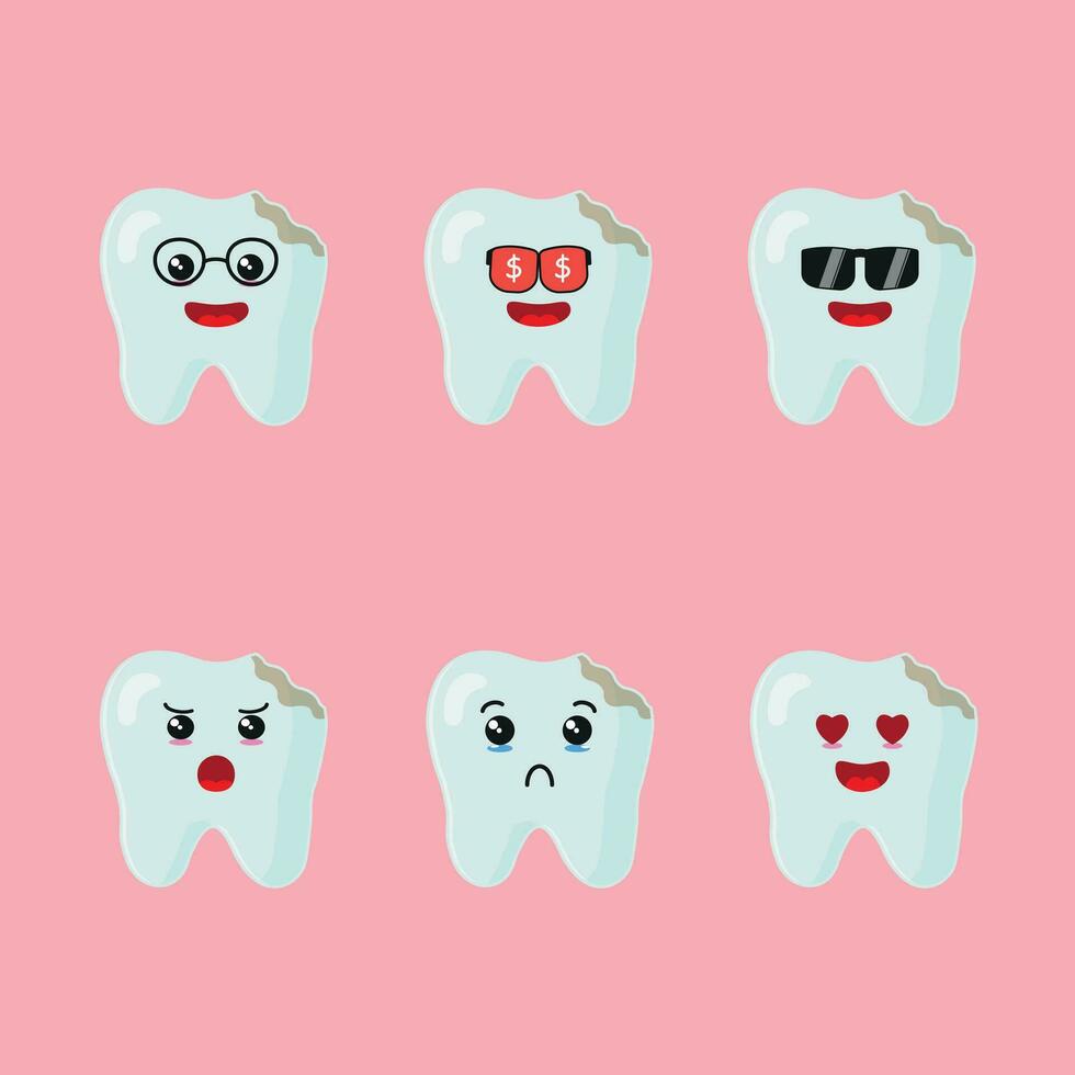 Cute happy teeth cavity character different pose activity. Tooth different face expression vector illustration set.