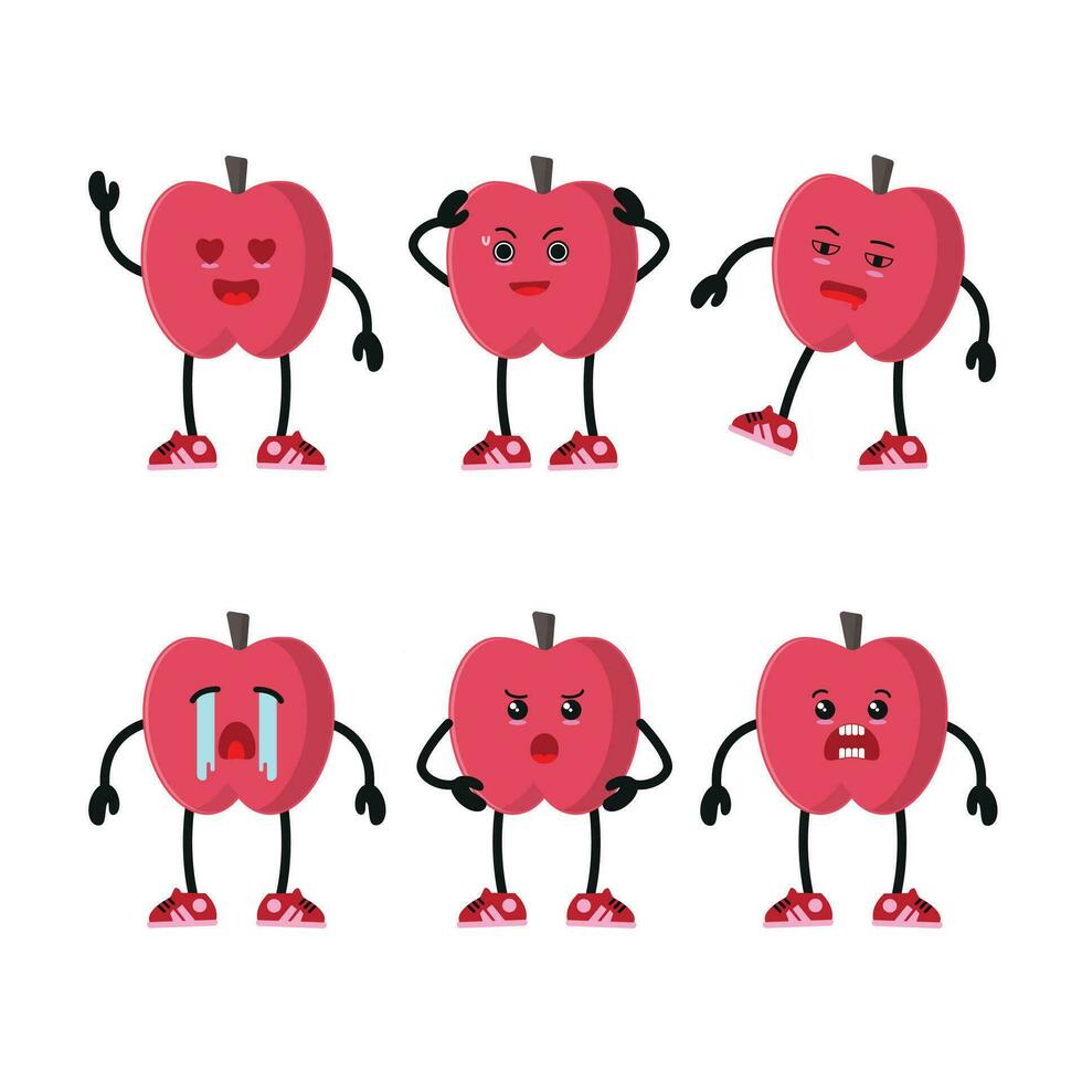 Cute happy red apple character different pose activity. Fruit different face expression vector illustration set.