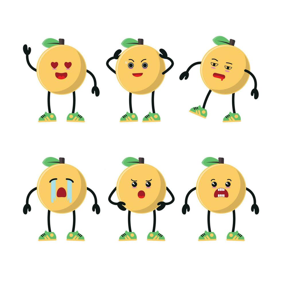 Cute happy orange character different pose activity. Fruit different face expression vector illustration set.