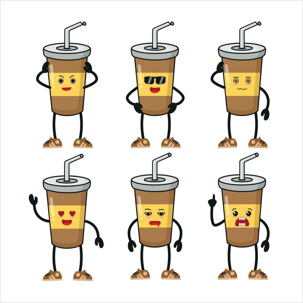 Cute happy chocolate milkshake different pose activity. funny soft drink wear sunglasses different face expression vector illustration set.