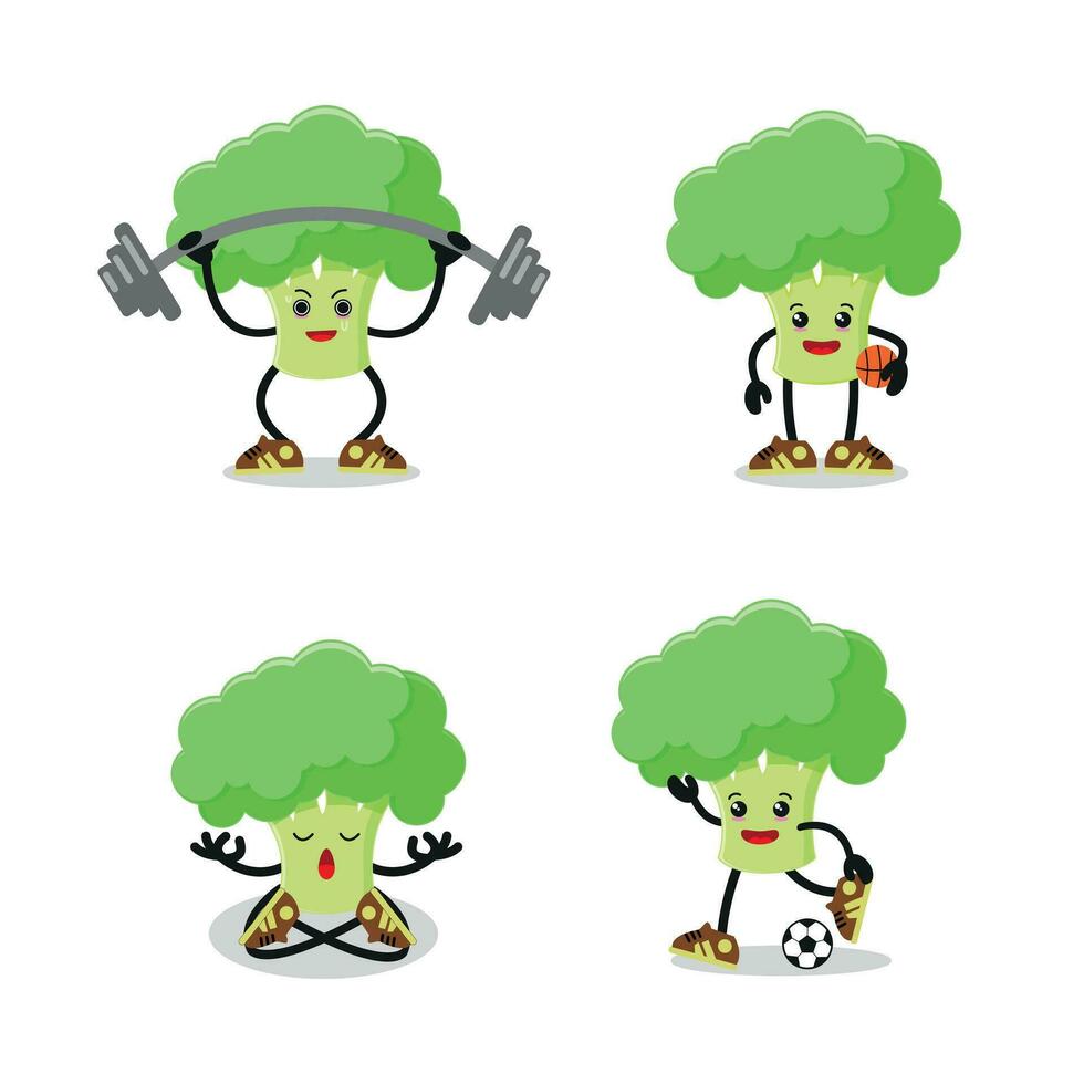 cute broccoli exercise different sport activity vector illustration set