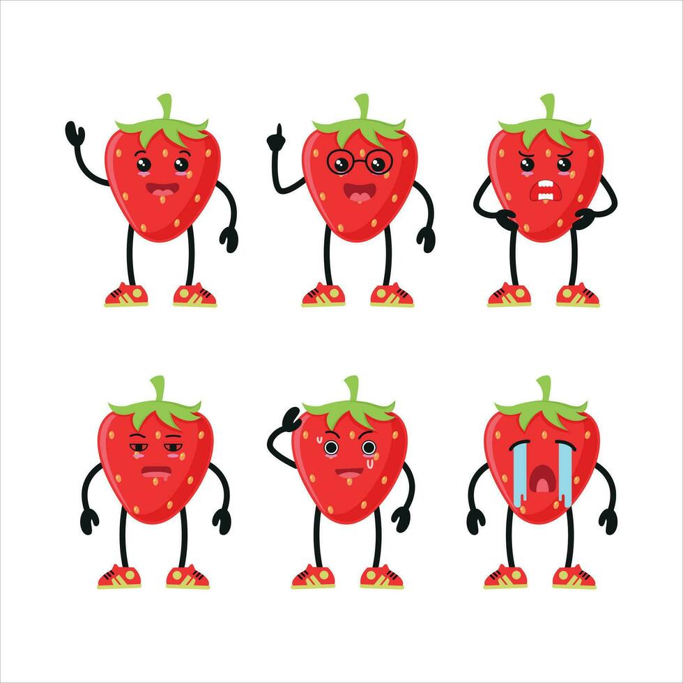 Cute happy strawberry different pose activity. funny fruit different face expression vector illustration set.