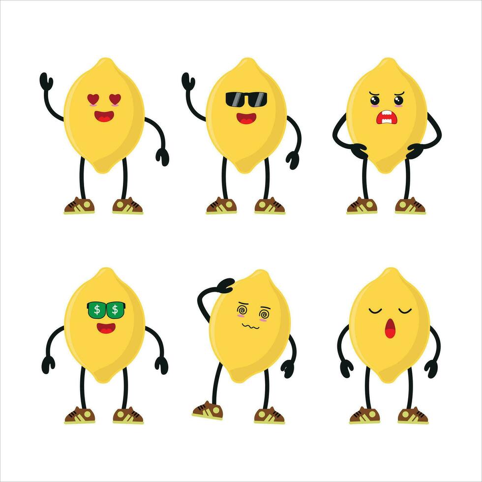 Cute happy lemon wear sunglasses different pose activity. funny fruit different face expression vector illustration set.