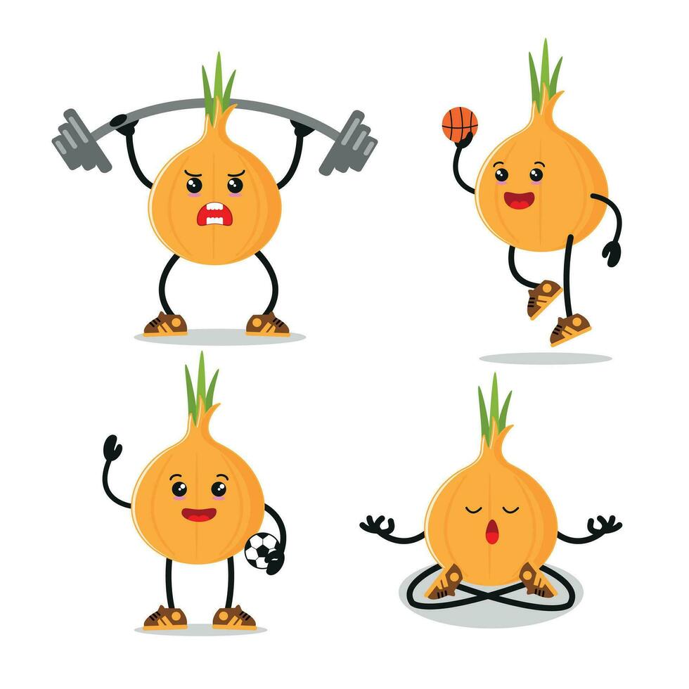 cute onion exercise different sport activity vector illustration set